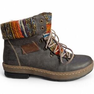Rieker Leather Ankle Boots EU 41 US ~9.5-10 Colorful Knit Cuff Lace Up - Cozy